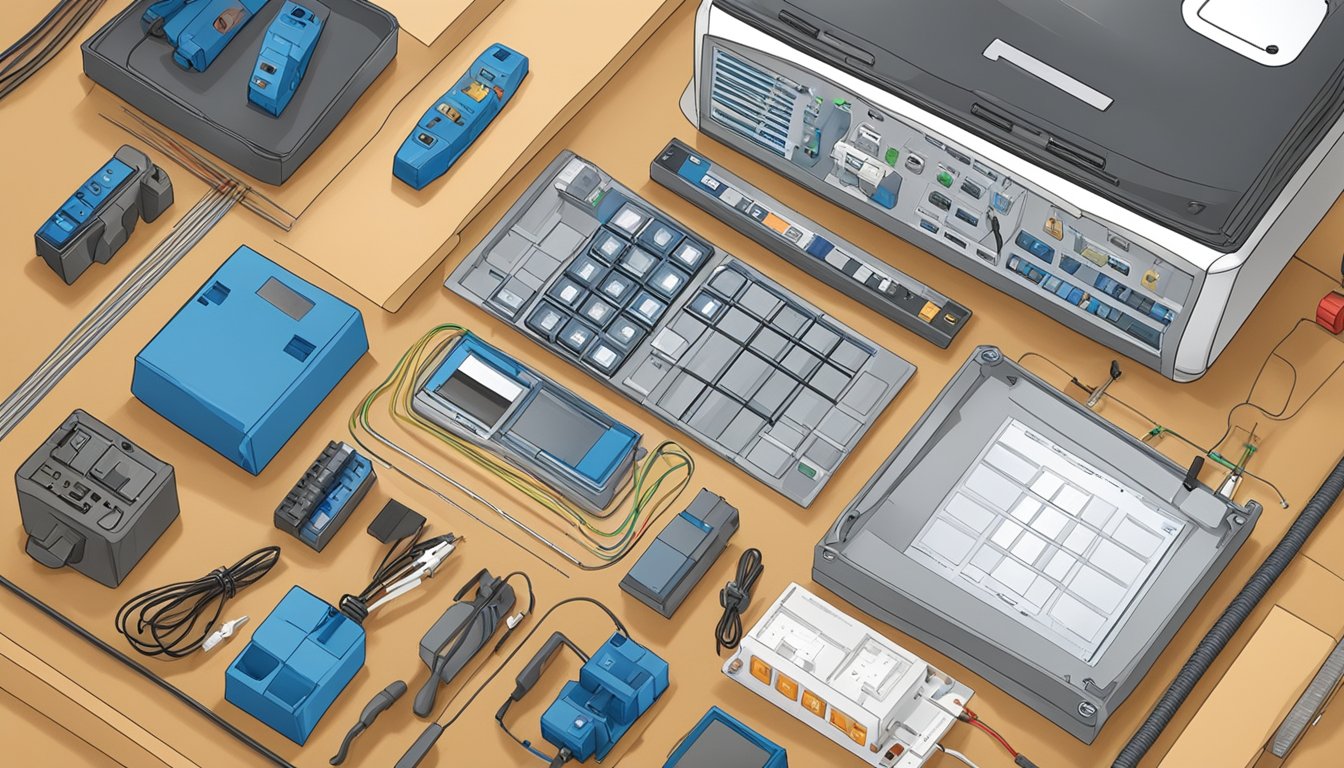 A technician lays out tools and wires, positioning sensors and control panel for a home alarm system installation