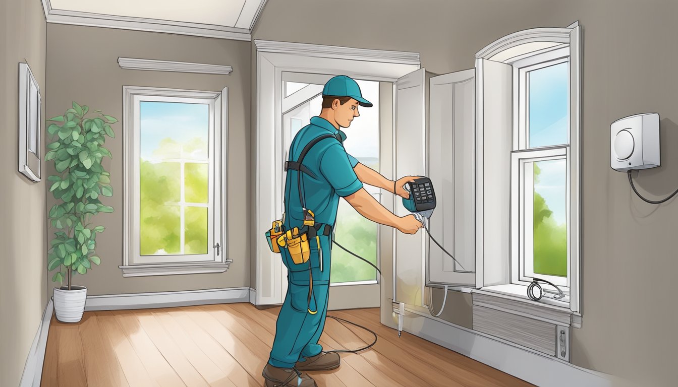 A technician installs a home alarm system, connecting wires and mounting sensors around the house